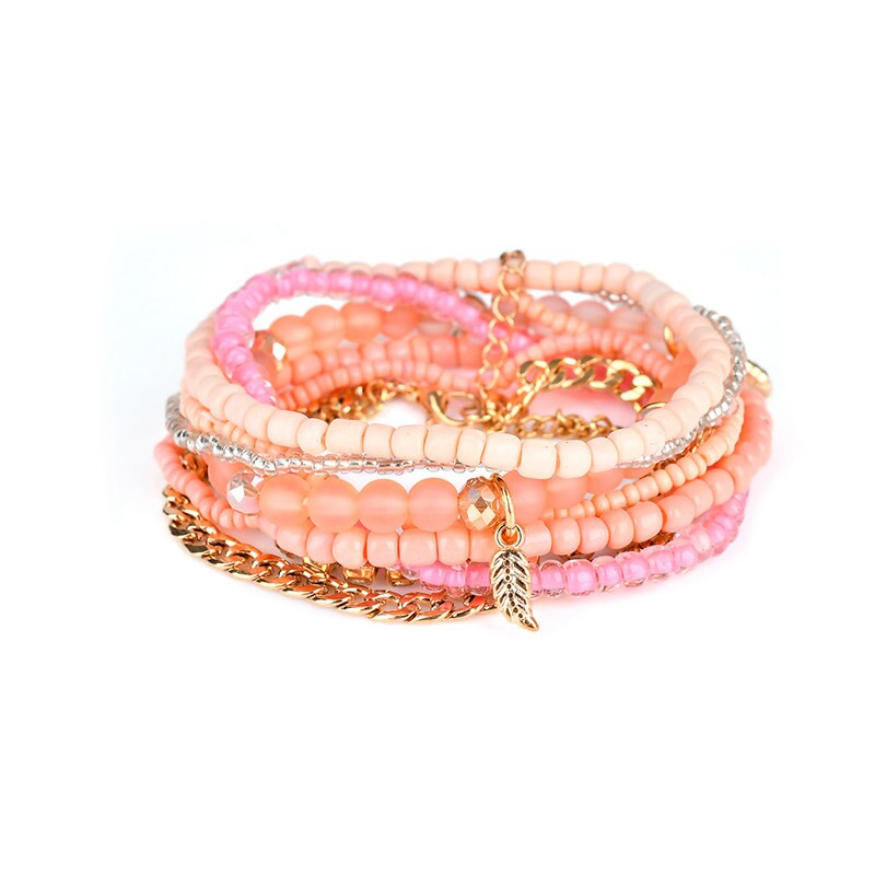 Bohemia smykker af flerlags elastisk vævet sæt perler armbånd & armbånd til kvinder med blad kvast charm wrap wrap armbånd pulsera: Lyserød