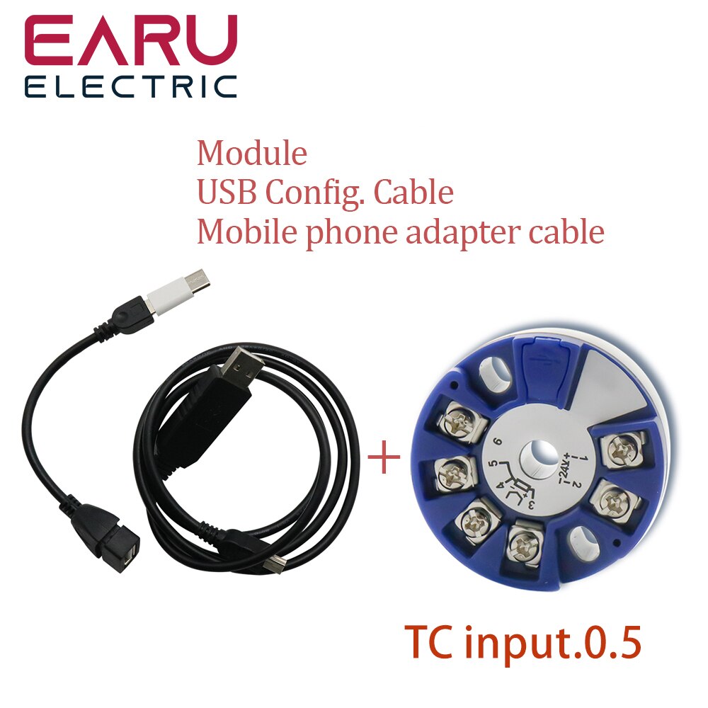 Programmable Thermocouple K J PT100 to 4-20mA Converter TC RTD Input 4-20mA Output Head-mounted Temperature Transmitter: USB Config.Cable 0.5