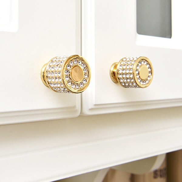 European Luxury Diamond Crystal Handle Bright Gold Zinc Alloy Kitchen Cabinet Knob and Handles Drawer Knobs Hardware: Round single hole