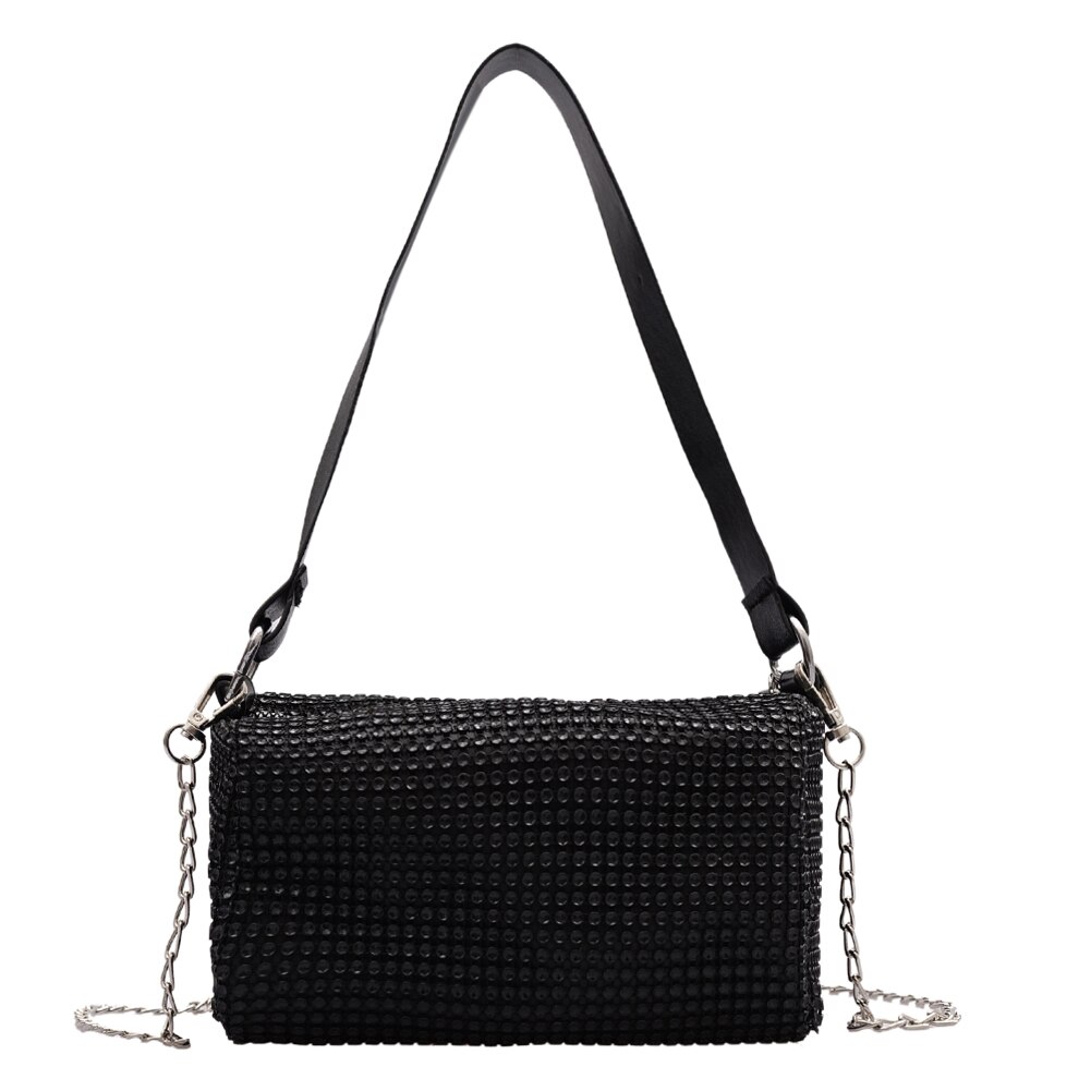 Rhinestone Crossbody Tas Klassieke Textuur Chic Vrouwen Shiny Chain Evening Clutch Schouder Pouch: Black