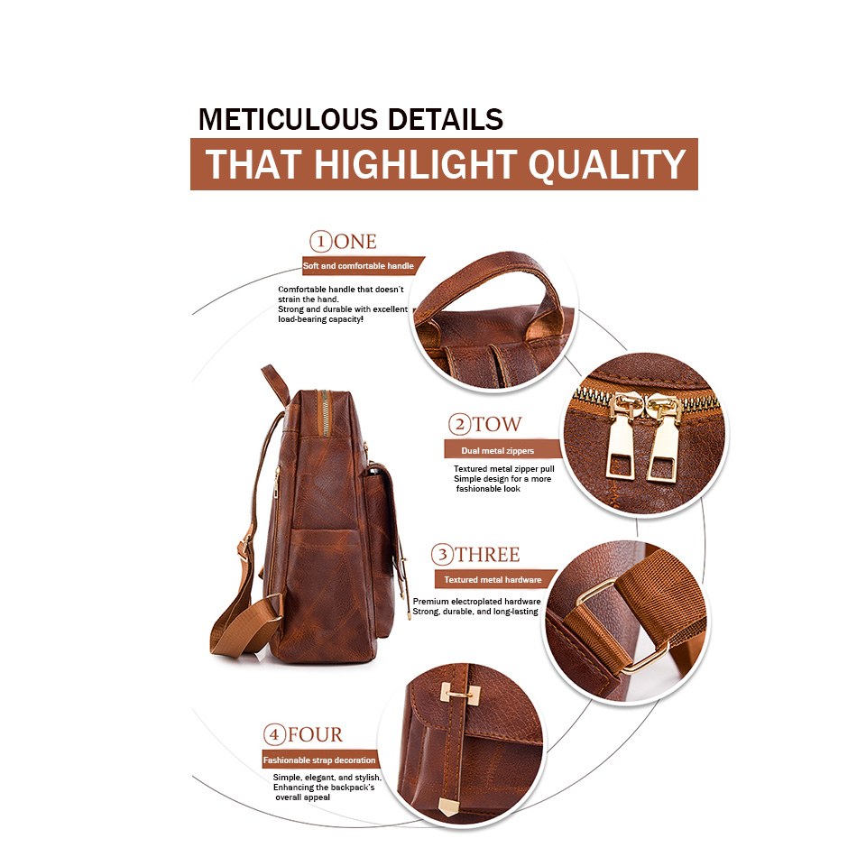 Trendiger Damen-Rucksack, Jahrgang-Pu-Leder, Tagesrucksack, braun, lässige Reisetasche, retro-Studenten-Schultasche, Sack