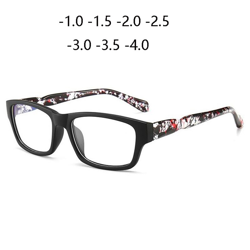 Mattsvart fyrkantig närsynthet glasögon kvinnor retro student närsynt glasögon manlig optik glasögon  -1.0 -1.5 to -4.0: -4.0 / Matt svart-blomma