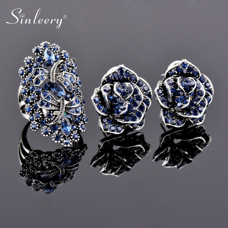 SINLEERY Shiny Blue Crystal Dragonfly Rings And Flower Earrings Jewelry Set For Women Wedding Party TZ062 SSG