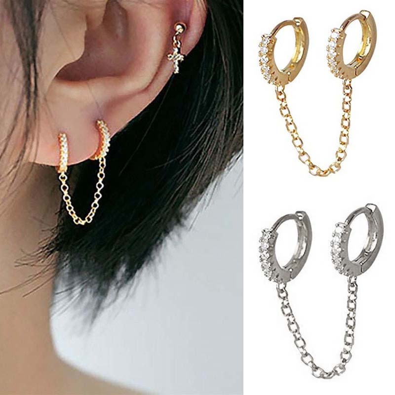 1Pc Zwei Loch Hoop Ohrring Kristall Zirkon Punk Hip Hop Ohrringe Gold Piercing Schmuck für Frauen Zubehör Mädchen