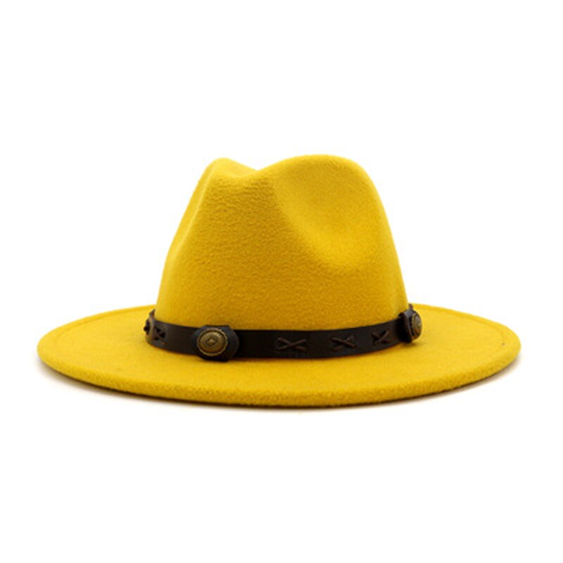 QBHAT uomo donna cappelli Fedora Jazz in feltro di lana tinta unita con cinturino in pelle marrone cappello da Cowboy a tesa larga cappello verde Trilby Panama per la festa: YELLOW