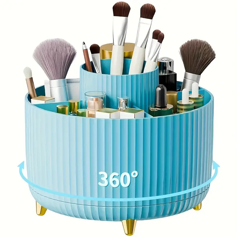360° Rotating Makeup Organizer Makeup Holder Cosmetic Storage with 5 Compartments Multi-Functional Holder for Brushes Pen: Blue