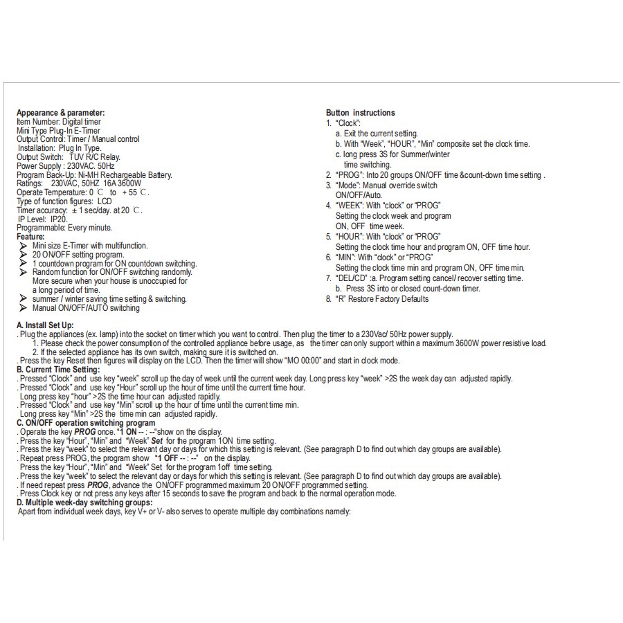 SINOTIMER Italy Plug Indoor Digital Weekly Programmable Electrical Wall Plug-in Power Socket Timer Switch Outlet Time Clock 220V