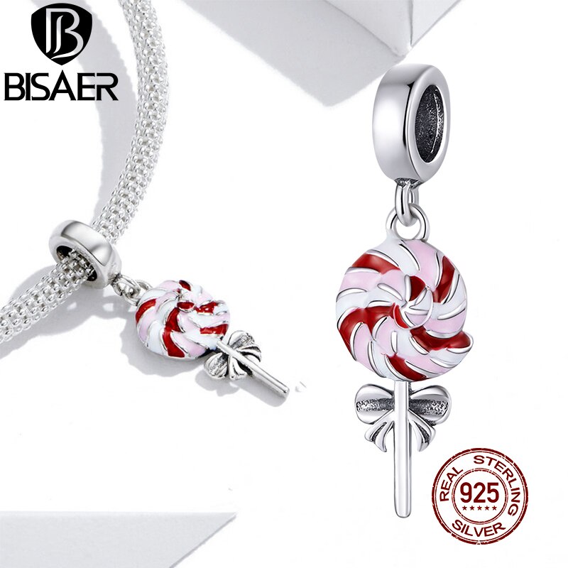 Bisaer lolly bedels 925 sterling zilveren roze emaille snoep kralen hanger voor originele armbanden kettingen sieraden ecc 1491