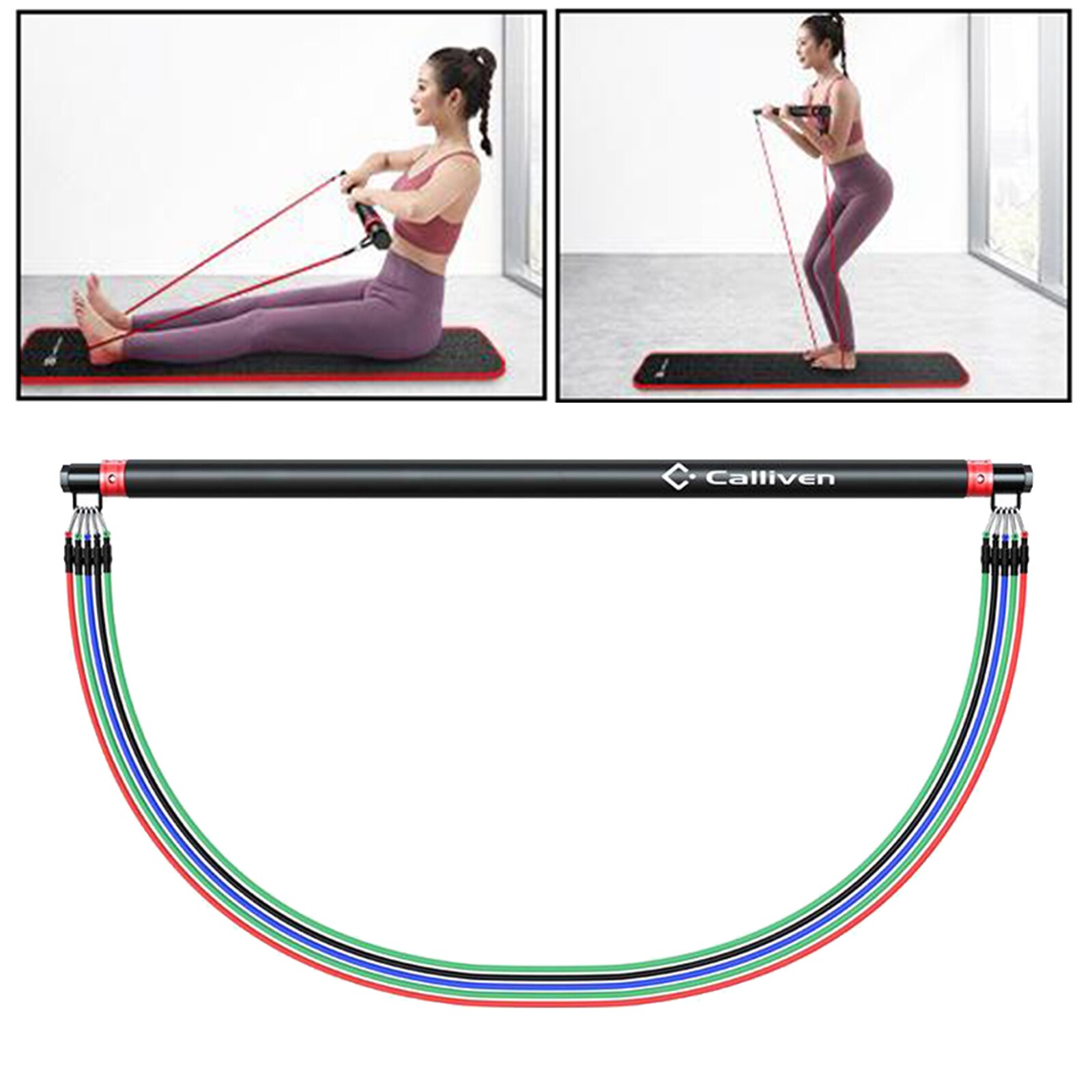 Pilates Bar Adjustable Resistance Bands W/ Foam Handle Door Anchor