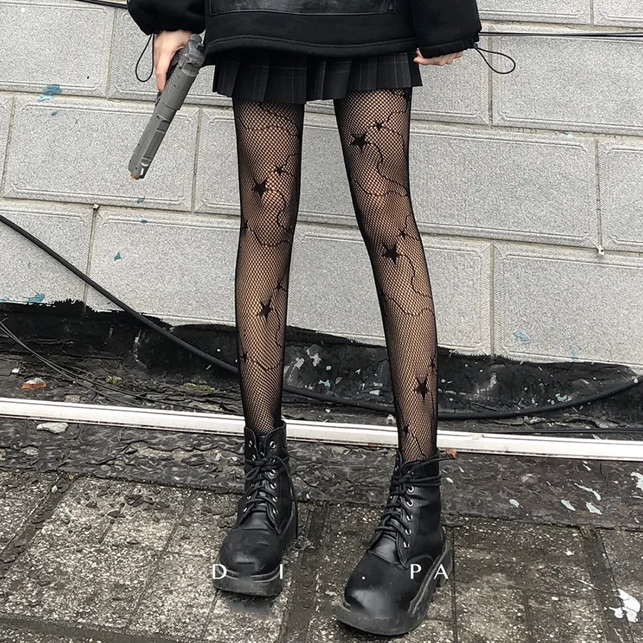 Star Heart Lolita Socks Tattoo Print Pantyhose Fishnet Stockings Kitty Cat Japanese JK Tights Gothic Cosplay Lace Black Tights: MULTI
