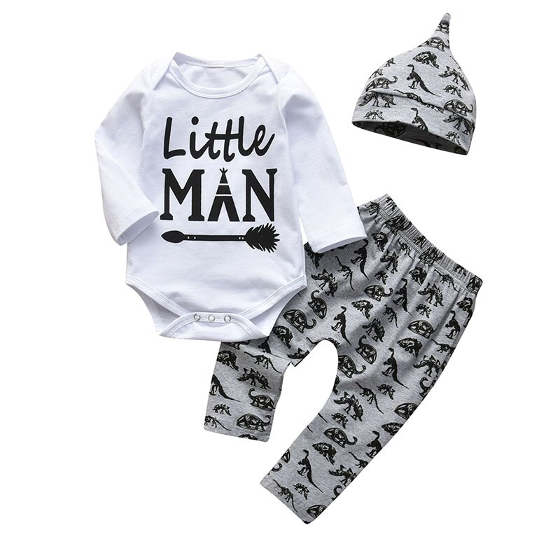 3 pezzi neonato neonato vestiti Set manica lunga lettera piccolo pagliaccetto + stampa dinosauro pantaloni cappelli autunno abbigliamento bambino: 3M