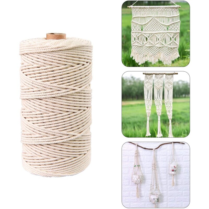 m Natural Macrame Cord with 60 Pcs Wood Beads 6Pcs Wood Ring and 4Pcs Wooden Stick for Crafts,DIY Plant Hangers