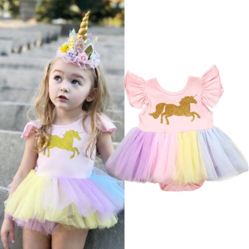 Niñas bebé adorables unicornio encaje Tutu Romper vestido de princesa Tops trajes de ropa