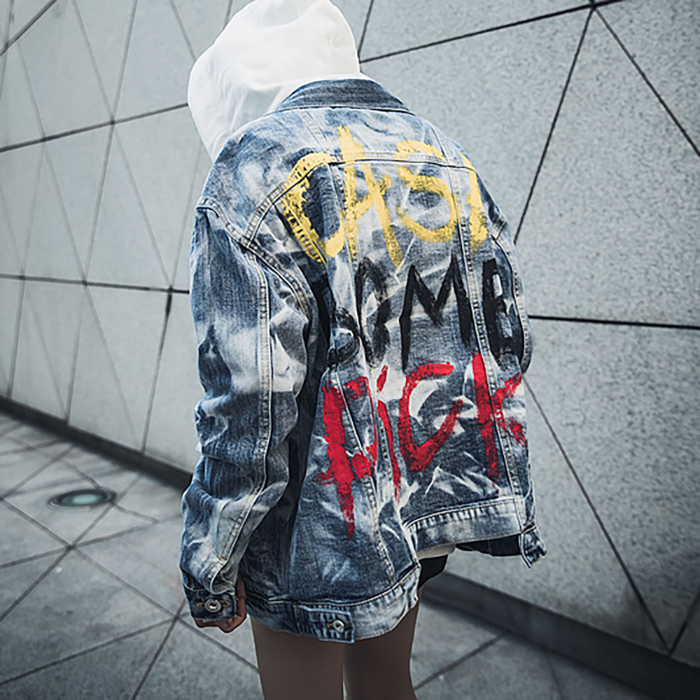 Chaqueta vaquera pintada a mano para hombre, chaqueta Harajuku, azul, Otoño,