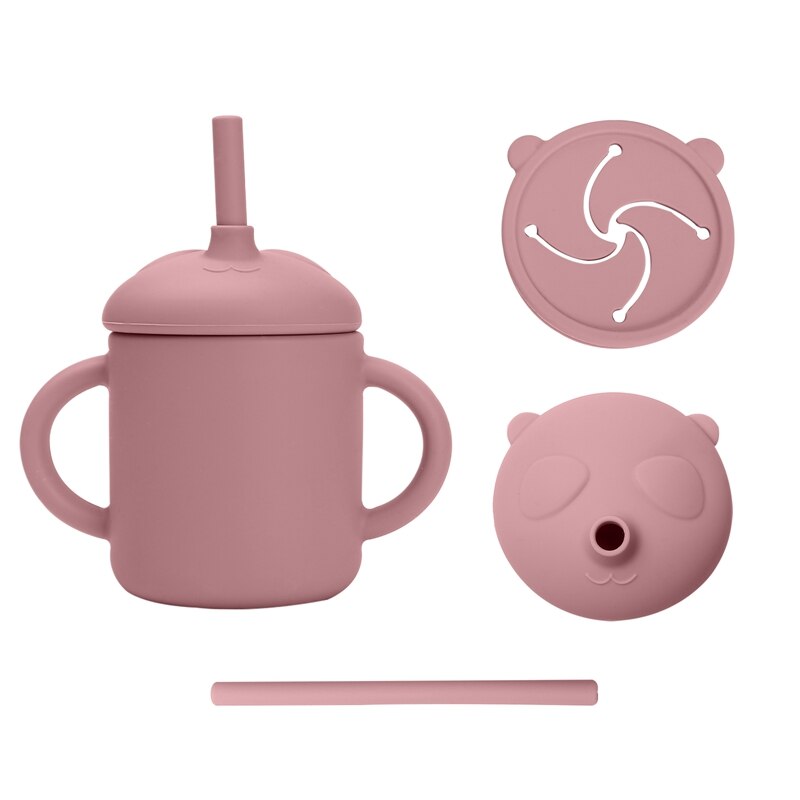 6 Kleur Baby Sippy Cup Cartoon Panda Food Grade Siliconen Dual Purpose Cup Draagbare Opslag Snack Container Cup Met Stro: leather powder