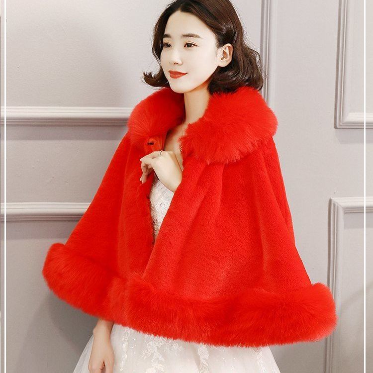 Vrouwen Hood Capes Mantel Winter Dikke Capuchon Bont Sjaal Wit Rood Zwarte Trouwjurk Bruid Bont Cape Poncho Dikker plus Size: Red collar 2