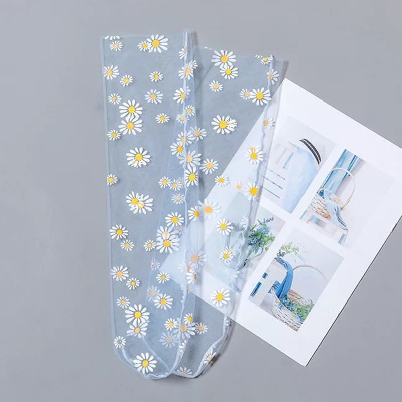 Women Girl Sheer Mesh Loose Ankle Socks Daisy Candy Color Loose Mid Tube Hosiery: Light Blue