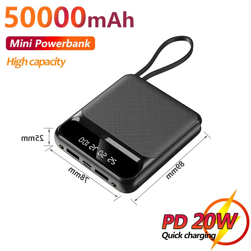 Schnellladegerät, 50000 mah mini-powerbank mit integriertem ladekabel, tragbare externe batterie für smartphones