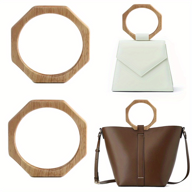 2PCS Natural Color Hexagonal Trapezoid Beach Straw Bag Woven Bag Handle Wooden Handbag Handle Replacement DIY Bag Accessories