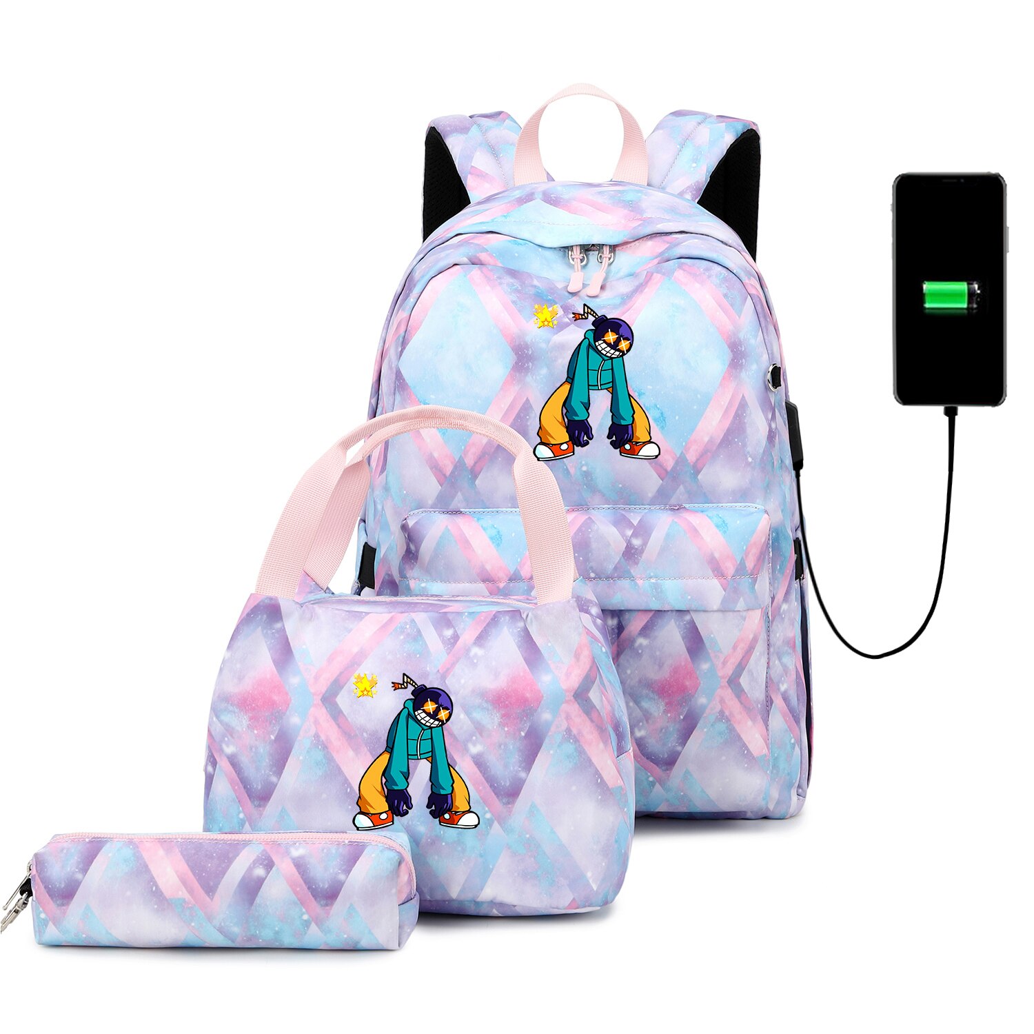 Funkin-mochilas escolares para adolescentes, niños y niñas, juego de Mochila de viaje con carga USB, bolsa de libros para estudiantes, Juego de 3 unids/set: 008