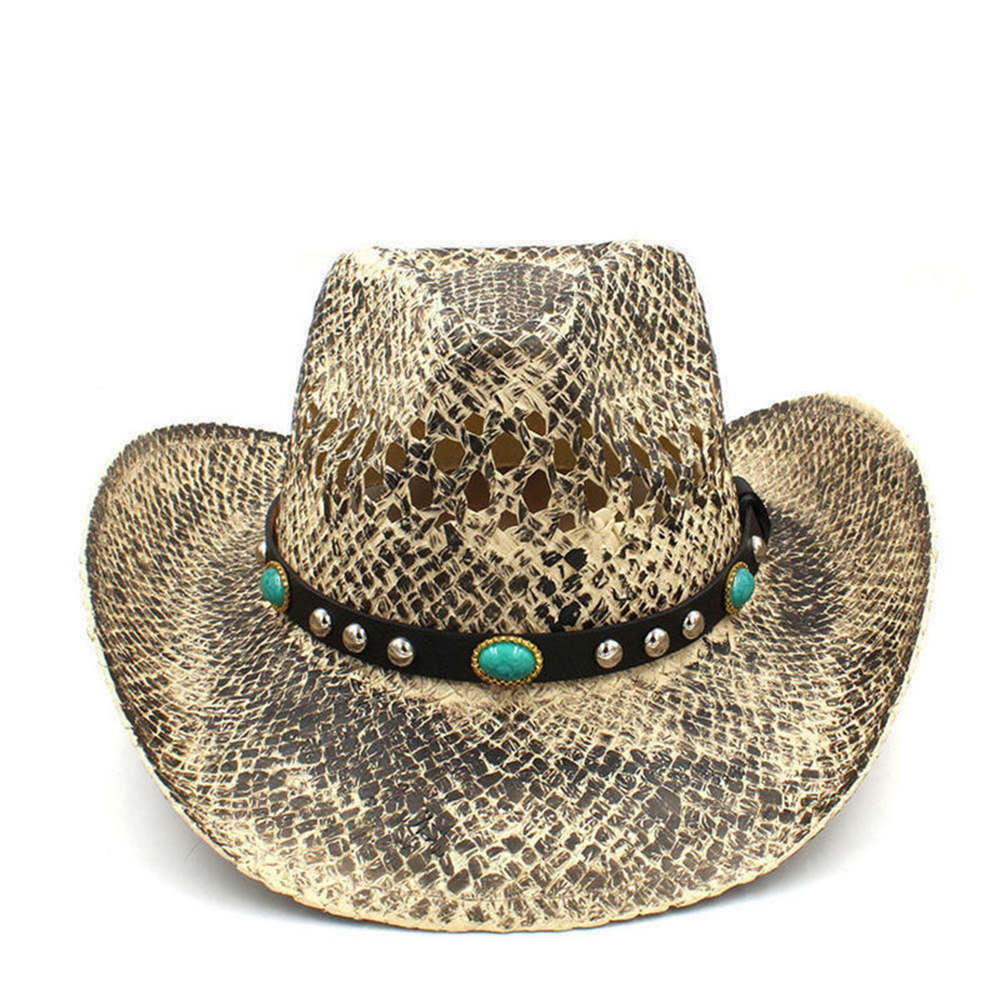 Sombrero de paja para Hombre y mujer, Sombrero de cowboy hecho a mano del Oeste, Sombrero de playa tejido para Hombre, Sombrero de Jazz para vaquera, cinta de hojas Punk, tamaño 56-58CM: C3 CAI