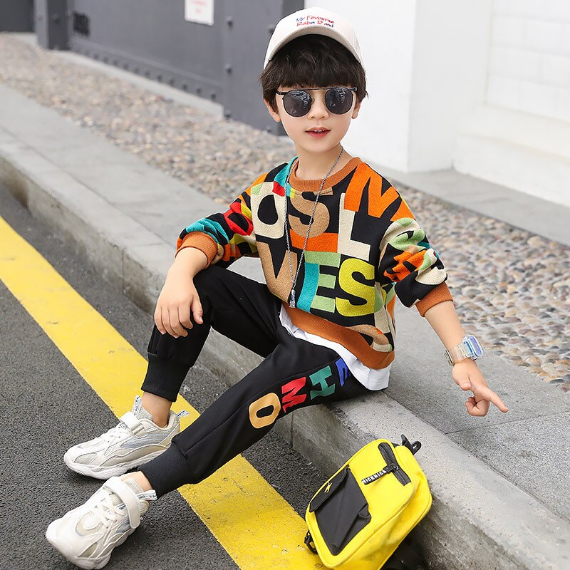 Conjunto de ropa deportiva para niño, chándal de manga larga con estampado de letras y pantalones, 2 piezas, primavera y otoño
