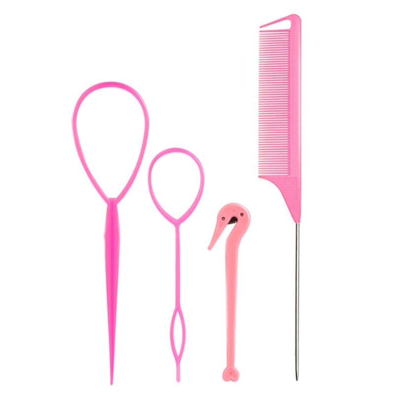 4 Teile/satz Französisch Geflecht Werkzeug Schleife Elastische Haar Bands Entferner Cutter Ratte Schwanz Kamm Metall Stift Schwanz Flechten Kämme für haar Styling: Rosa