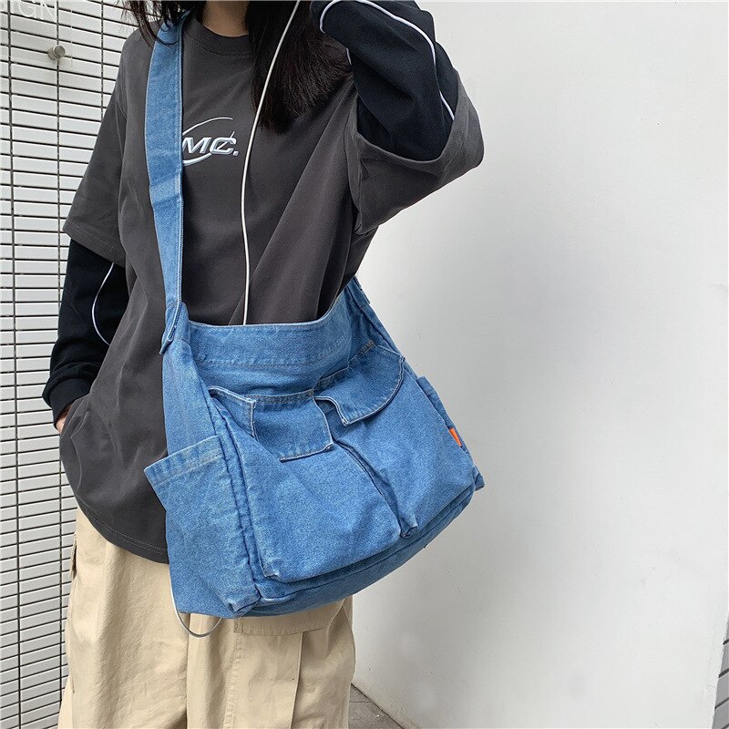 Sac à bandoulière en tissu jean pour adolescent, grande capacité, grande taille, poches spacieuses, sacoche de tous les jours