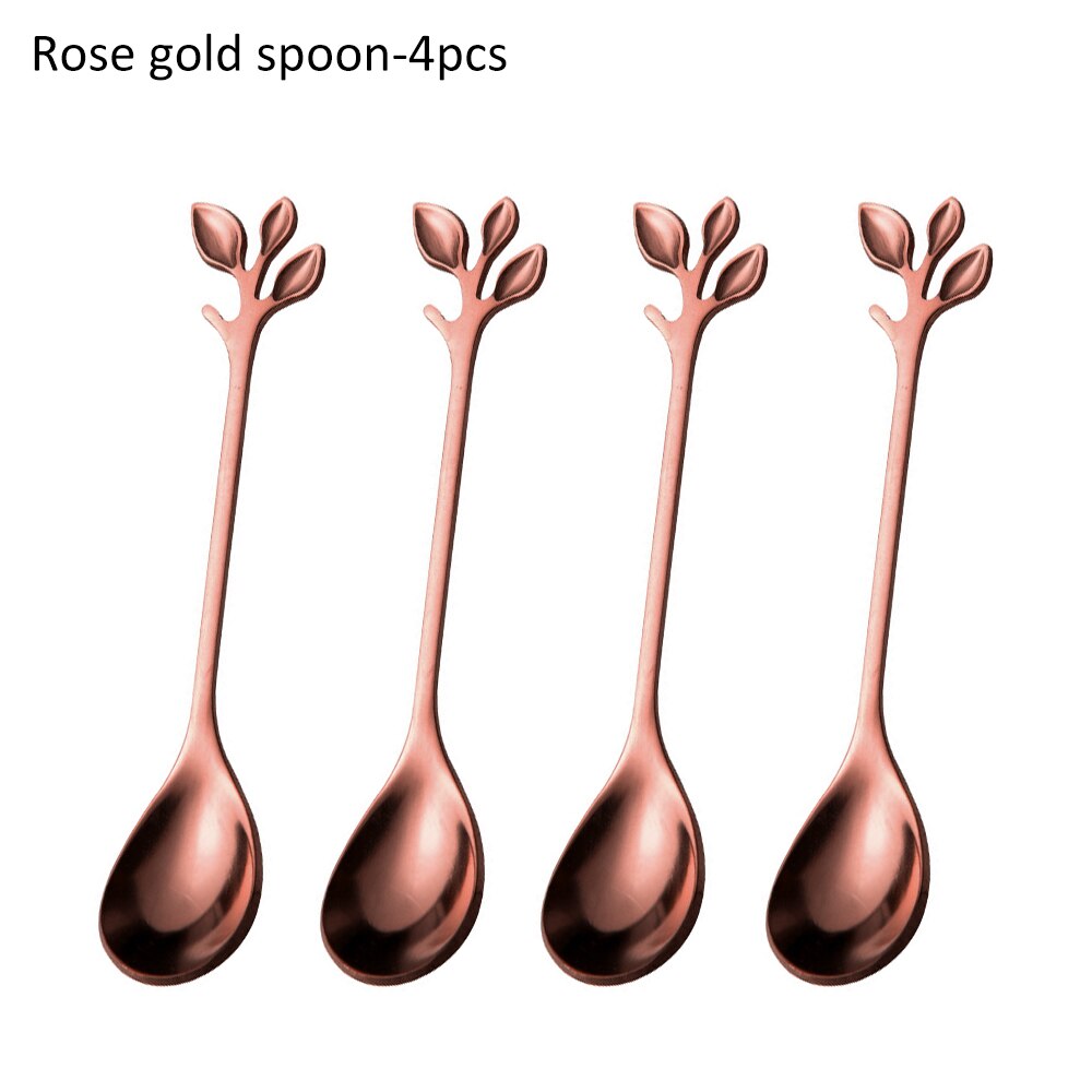 Coffee Stirring Spoon Stainless Steel Branch Leaves Handle Teaspoon Dessert Scoop Fork Kitchen Tableware Christmas: Rose Gold / Fork
