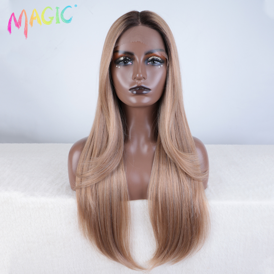 Magic Hair Synthetic Lace Front Wig Long straight 28 Inch Lace Wig Ombre Blonde Wig Heat Resistant Wigs For Women Lace Front Wig: KAF3