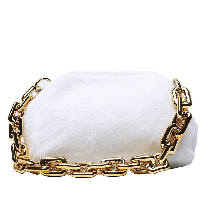 Torebka damska na ramię luksusowa torebka i torebki torebki damskie z futra zimowego dla kobiet 2020 złoty gruby łańcuch sprzęgło ręczne mała torebka damska: biały ramię torba