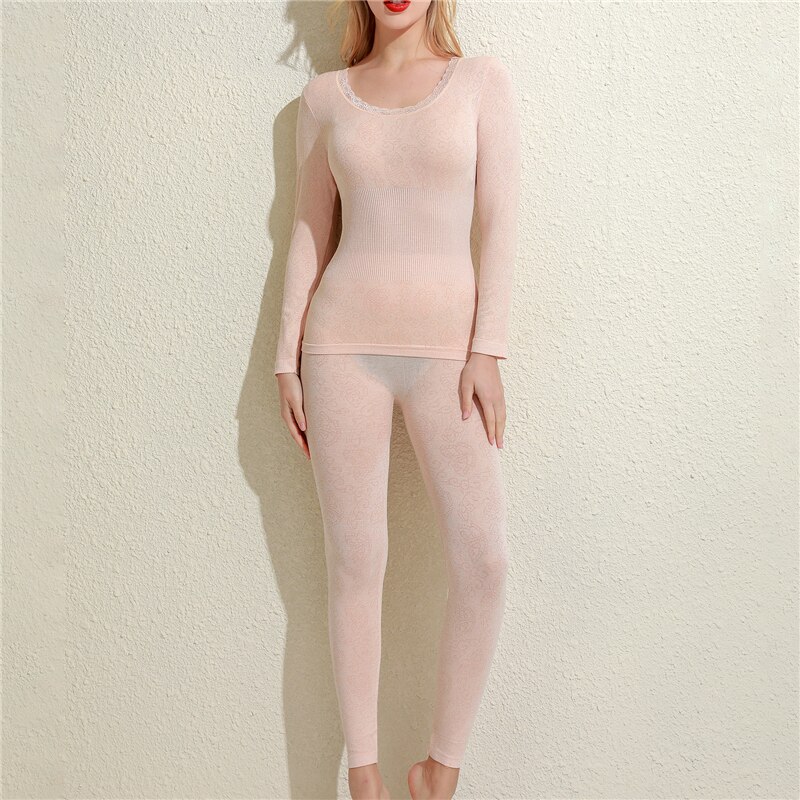 Femmes Sous-Vêtement Thermique Ensemble Dames Automne Hiver Vêtements Sans Couture À Manches Longues O COU Top Longue Confortable Femmes Sous-Vêtements Ensemble: Flesh-colored