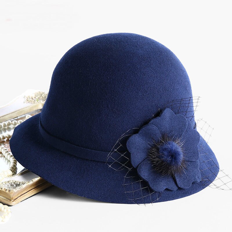 Woman Autumn And Winter Party Formal Woolen Bucket Hat Lady Grace Flower Pure Wool Felt Hats