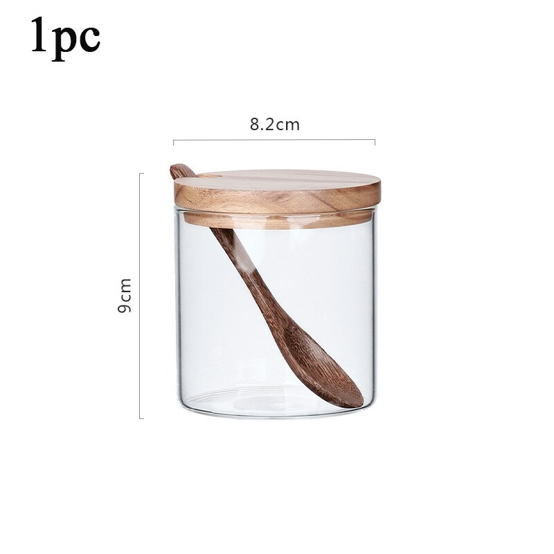 Seasoning box set Transparent glass seasoning jar three-piece kitchen wooden salt shaker sugar bowl with spoon base: A