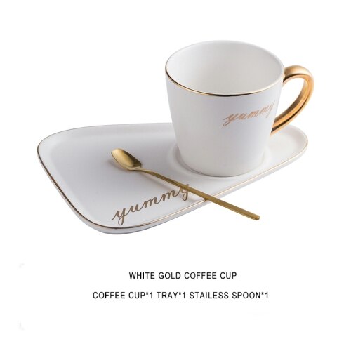 Guldkant keramisk kaffekrus tumbler te kop og underkop sæt porcelæn guldske krus søde dessert kopper ben porcelæn te sæt: Hvid