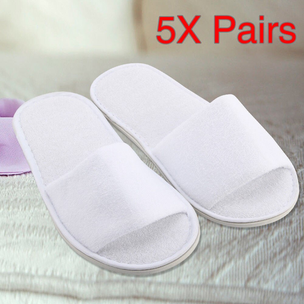 Hotel Disposable slippers 5 Pairs Spa Hotel Guest Slipper Open Toe Towelling Disposable Terry Style Breathable Soft White Shoes: Default Title