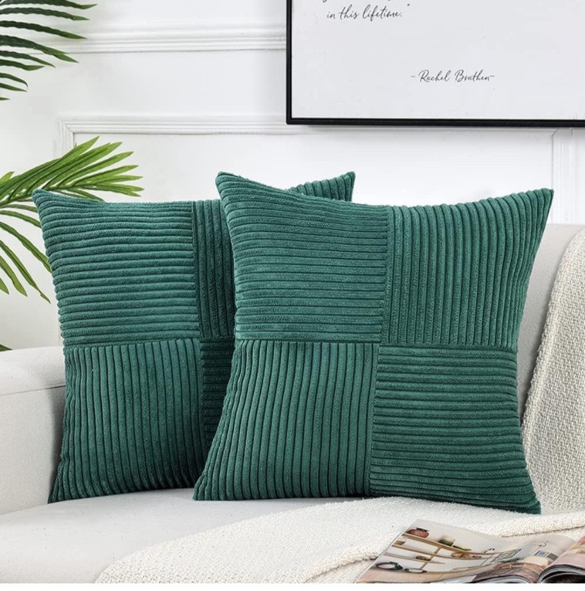 Green Textile Throw Pillow Covers 18x18 Inch for Living Room Couch Bed Sofa Soft Striped Corduroy Square Cushion Case 45x45 Cm