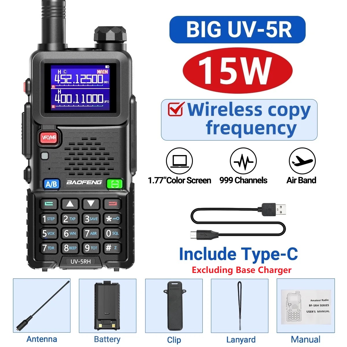 Baofeng UV 5RH 10W Air Band Walkie Talkie Long Range Wirless Copy Frequency Two Way Ham Radio Type-C Baofeng UV 5R Transceiver: Camo / EU