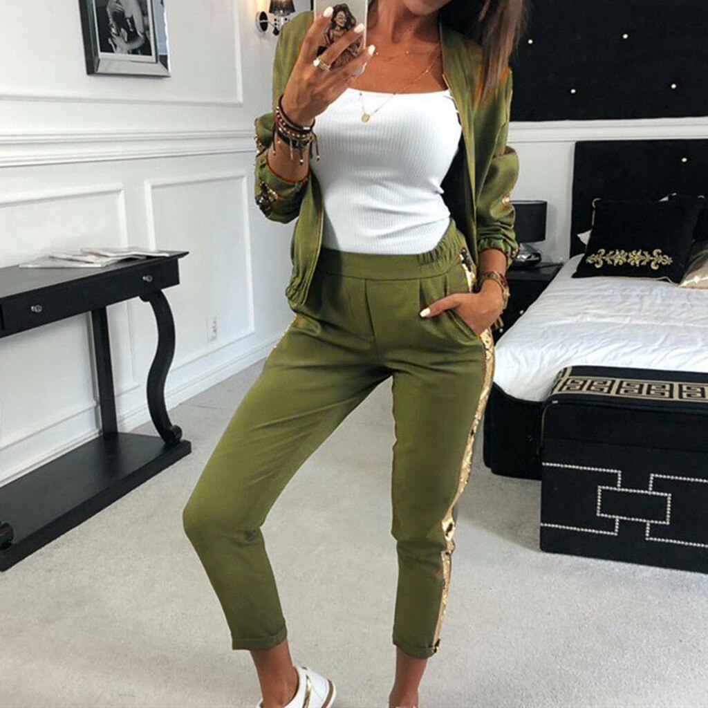 Sequins Suit Female Casual Loose Sweater Trousers Casual Ladies Sports Suit Sports Trouser 2 pieces Set Women#g4