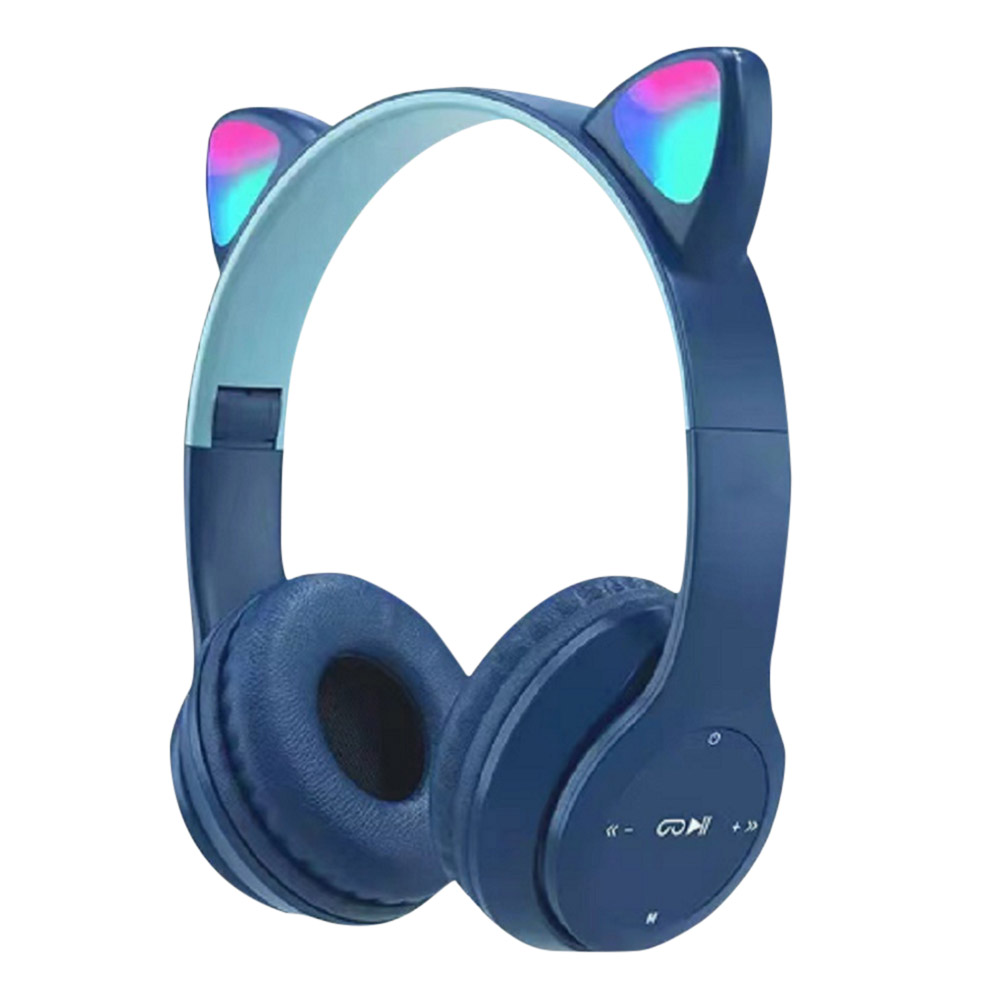 Trådlösa spelhörlurar med kattöra, lysande ljus, bluetooth-kompatibla hjälmar, stereobas, over-ear-headset för pc och telefon: Blå