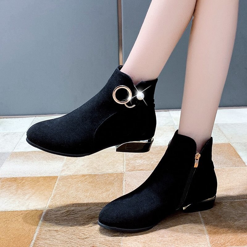 Feestelijke dikke blokhak schoenen met rits enkellaarsjes dames winter student casual grote maat enkellaarsjes kort pluche