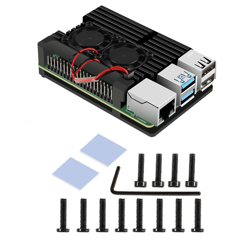 Carcasa de aluminio Raspberry Pi 4/3 con ventilador de refrigeración carcasa de Metal Dual, carcasa negra para RPI Raspberry Pi 4B/3B/3B +