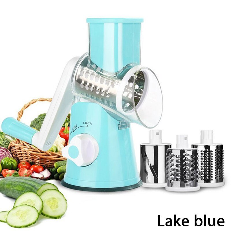 mylb Vegetable Cutter Round Mandoline Slicer Potato Carrot Grater Slicer with 3 Stainless Steel Chopper Blades Kitchen Tool: blue