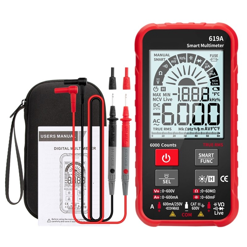 True RMS 6000 Counts Digital Multimeter Analog Bar AC/DC Current Voltage Tester J2HA: Red