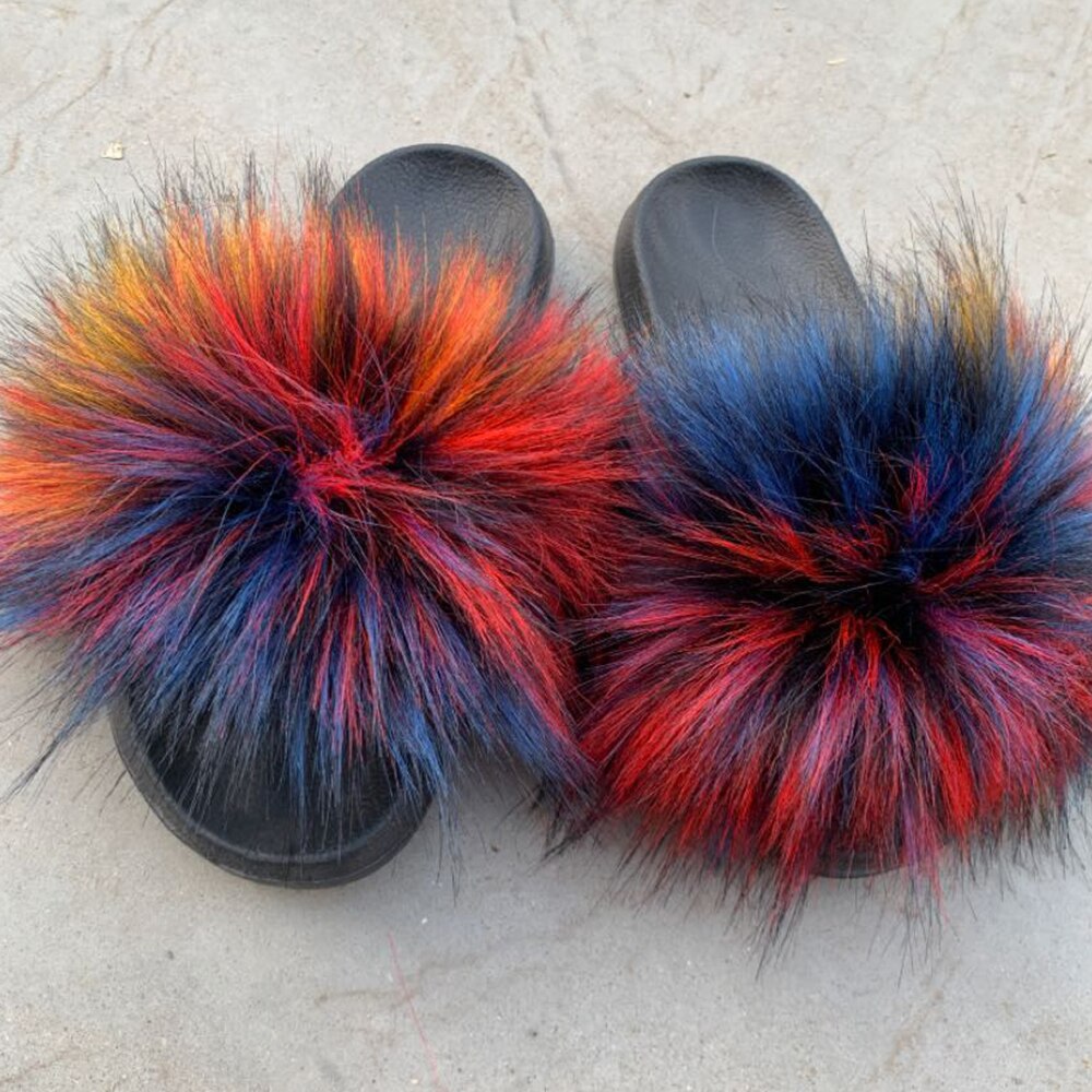 Imitatie Vossenbont Slippers Faux Furry Fluffy Slippers Vrouwen Slides Sandalen Indoor Schoenen Voor Vrouwelijke Slip Op Slippers d30: Camouflage black / US 10-11