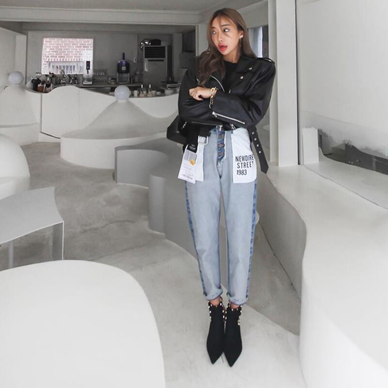 Dames mom jeans met hoge taille boyfriend jeans voor dames met knopen, patchwork losse rechte denim jeans