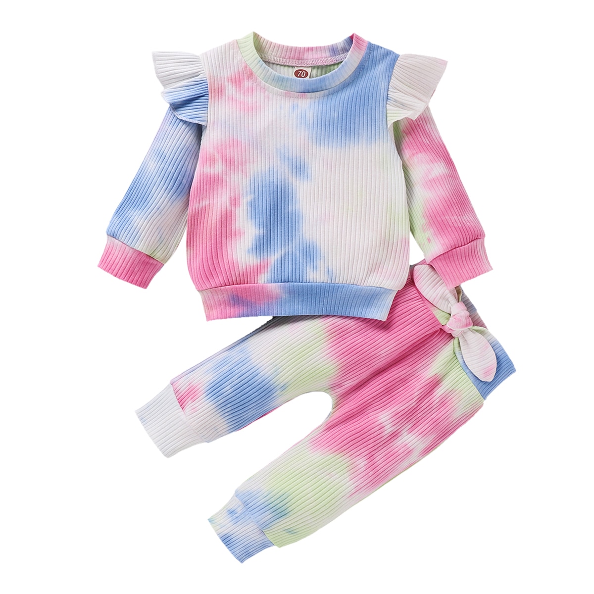 6m-4 jaar 2 stuks babymeisje lente herfst geribbelde tie dye print outfits gerimpeld lange mouwen ruche t-shirt + strik broek set