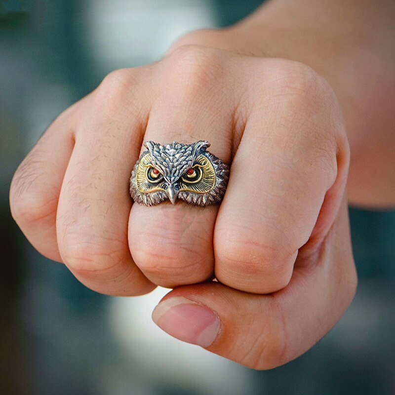 Personality Vintage Viking Silver Color Red Eye Animal Owl Opening Adjustable Ring for Men Trend Jewelry Accessories