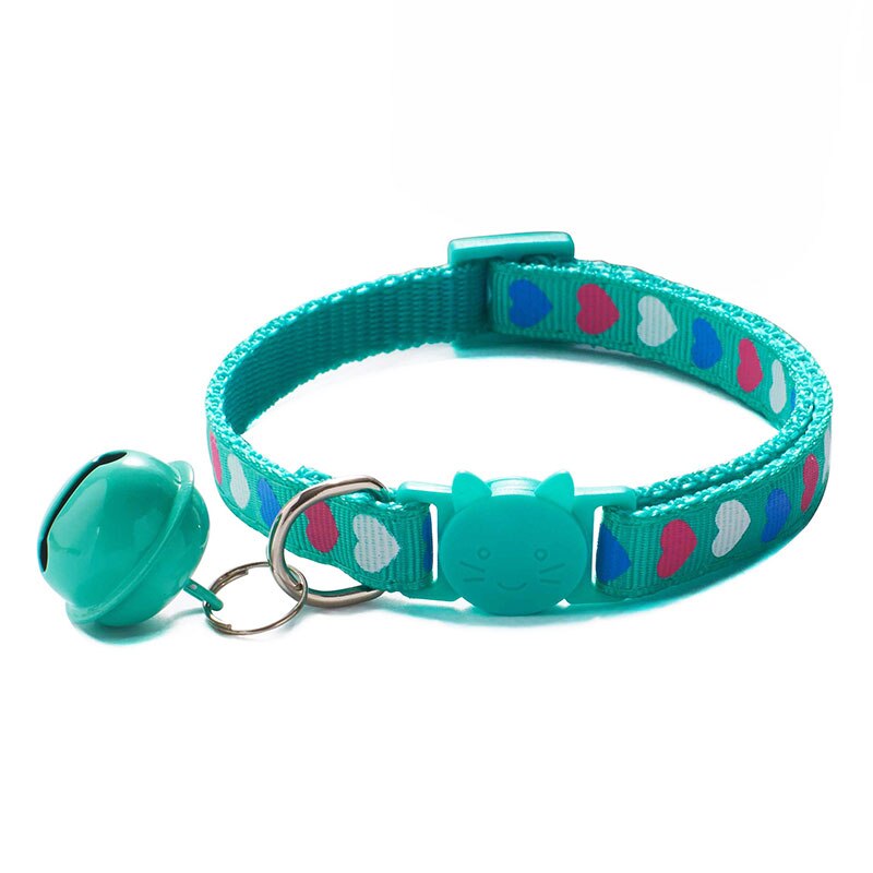 Söta sällskapsdjur halsband hjärta tryck valp justerbar polyester halsband härlig med klockor tryck katt hund halsband krage leverans: Grön