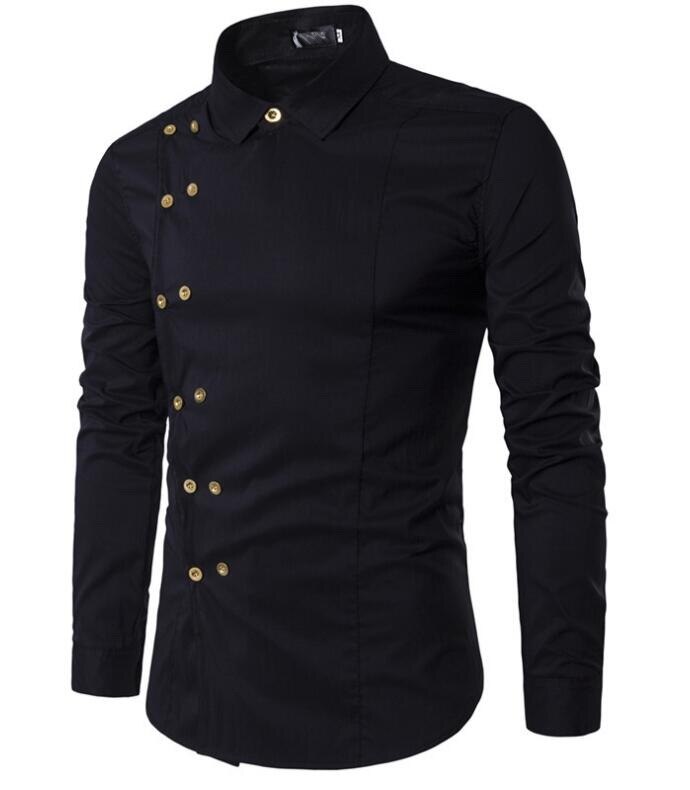 Märke herrskjorta dubbelknäppt klänning skjorta långärmad slim fit camisa masculina casual manliga hawaiianska skjortor: Svart / Xxl